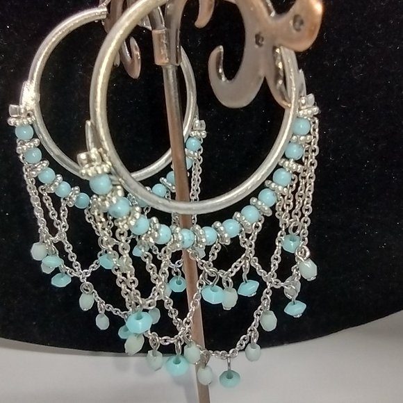 Vintage Turquoise Blue Bead Silver Hoops - Picture 3 of 7